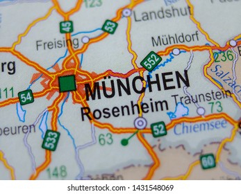Close up of Munchen (Munich) on a map, city of Germany, Travel concept.