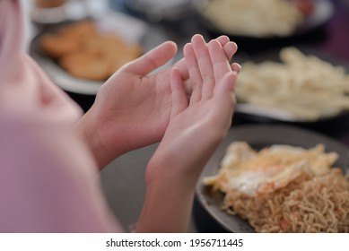 Close Up Of Muslim Woman Hand. Holy Month Of Ramadan. Dua (prayer) For Breaking Fast And Beginning Fast. Food And Water. Praying, Islam, Religion