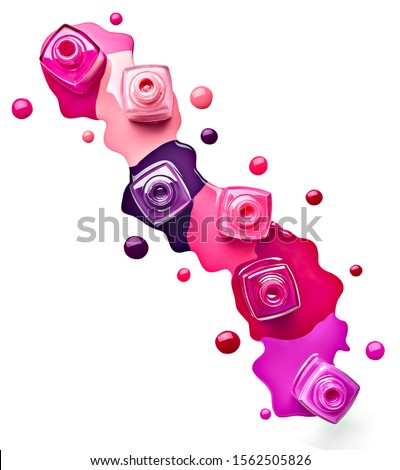 close up of  a nail polish bottle and drop on white background