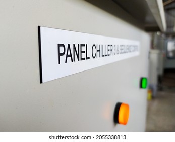 Close Up The Nameplate Of The Operating Panel Control. Name Plate Of Chiller Machine Controling.