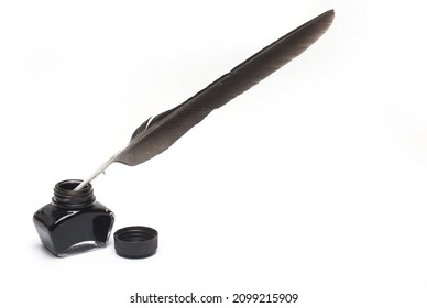 Close up of natural bird feather used as fountain pen for writing with ink in dark inkwell ink bottle isolated on white background