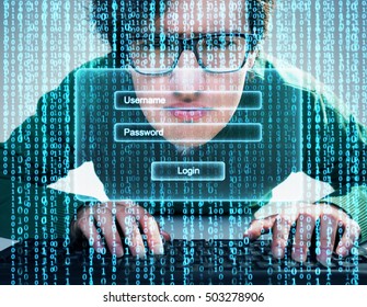 Close Up Of Nerdy Guy With Keyboard And Blue Data Flow With Login Window On The Foreground. Concept Of Signing In. Double Exposure