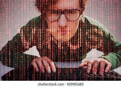 Close Up Of Nerdy Guy With Keyboard And Red Data Flow And Word Virus On The Foreground. Concept Of Internet Security. Double Exposure