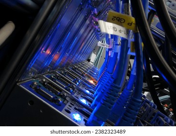 close up of network cables connected to server racks in data center room             
