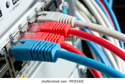 Close Up Of Network Cables Connected To Switch