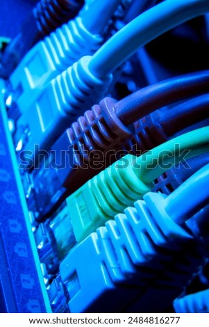 close up of network cables connected to switch