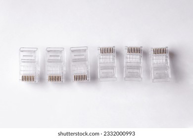 Close up of Network and ethernet cable isolated on white background. Modular plugs. LAN Cable.