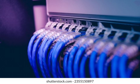 Close up Network gigabit switch and UTP port cat6 ethernet cable in data server room - Shutterstock ID 2355150897