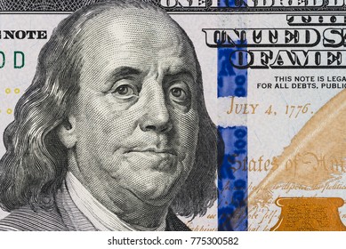 Close Up Of New Hundred Dollar Bill.