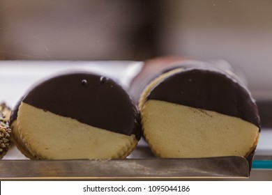 Close Up Of New York City Cookies Called Black And White, Half And Half, Or Half Moon Cookie 