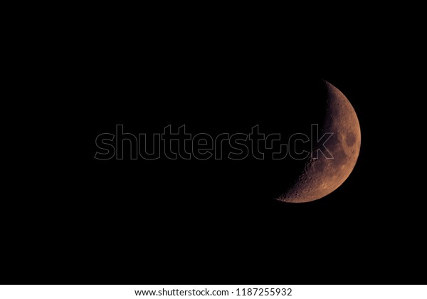 Close up night european golden half-moon phase with\
details of crater surface texture on black background with empty\
space, good for use as desktop. Warm colored moon caused by perched\
low on the sky.