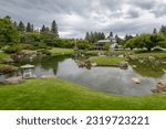 A close up to the Nikka Yuko Japanese Garden structure, in Lethbridge, Alberta, Canada during a cloudy day.