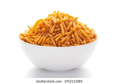 Close Up Of Nimbu Masala Besan Sev Indian Namkeen (snacks) On A Ceramic White Bowl.