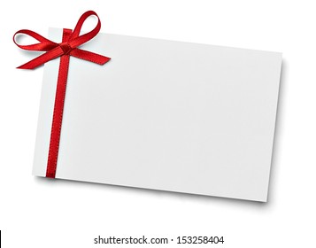 Close Up Of A  Note Card With Ribbon Bow On White Background