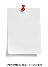 Close Up Of  A Note Paper With A Red Push Pin On White Background