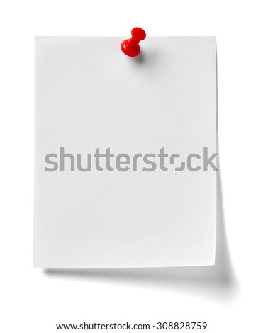 close up of  a note paper with a red push pin on white background