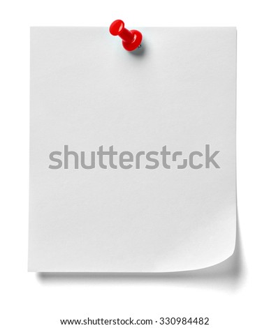close up of  a note paper with a red push pin on white background
