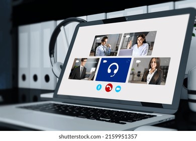 Close up of notebook computer with creative video conference call on screen. Work, home and remote team concept