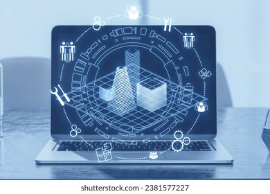 Close up of notebook with creative digital architectural project, round wireframe sketch with polygonal mesh and icons on blurry background. Real estate, VR and model concept. Double exposure