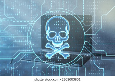 Close up of notebook with glowing digital circuit binary code skull on blurry workplace background. Hacking, piracy, malware and data theft concept. Double exposure