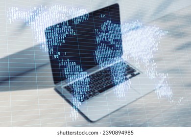 Close up of notebook at light workplace with glowing digital pixel squares map of the world with spotlights on blurry background. Global business concept. Double exposure - Powered by Shutterstock - Get 15% off with code: PIKWIZARD15