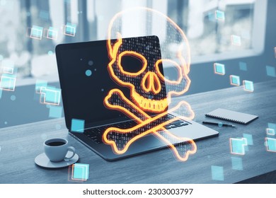 Close up of notebook on desktop with coffee cup, supplies, digital binary code skull on blurry window with city view background. Hacking, piracy, malware and data theft concept. Double exposure