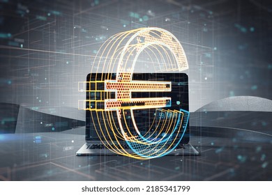 Close up of notebook on desktop with creative glowing golden tech euro icon hologram on blurry background. Crypto currency and technology concept. Double exposure