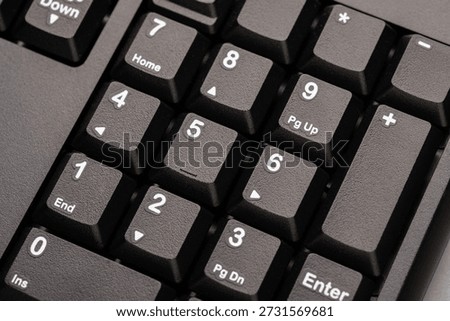 Close up of numeric keypad on computer keyboard representing calculation, number input, digital data entry, password input, and technology based work