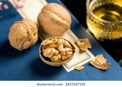 Close up of nuts and walnuts placed on the table