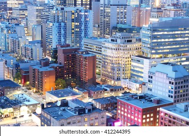 Close Up Of Office Buildings In Downtown Toronto Financial District At Dusk