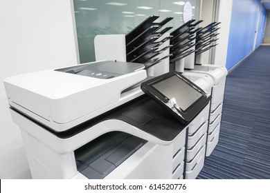 Close Up Office Printers Set Up Ready For Printing Business Documents