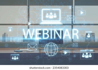Close up of office workplace with computer and creative webinar hologram on blurry background. Online meeting and seminar concept. Double exposure