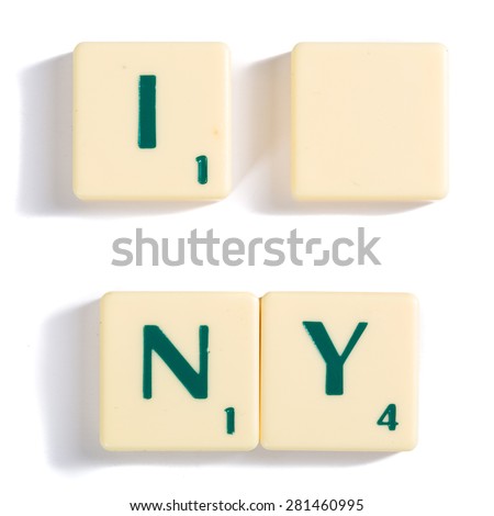 Close up Off-White Wooden Scrabble Letter Tiles for I Blank NY Concept, Isolated on White Background.