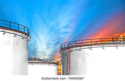 Close Up Oil And Gas Refinery Storage Tank At Sunset,Industrial Petrochemical Plant.