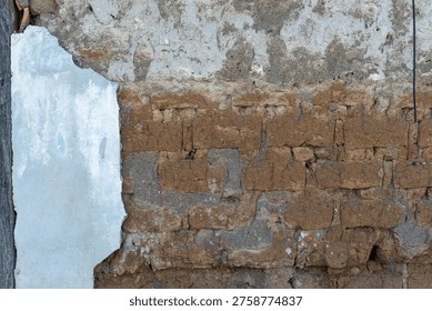 A close up of an old adobe wall with rustic textures, showing details of the plaster and the underlying bricks. A distressed background showing the wear and tear of time on the aged building material.