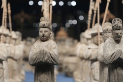 Close Up Old Ancient Chinese Figurines In Ming Dynasty. Cultural Relic In China