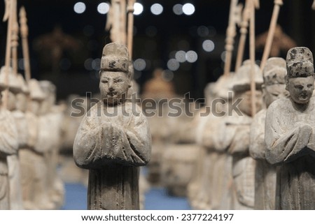 close up old ancient Chinese figurines in Ming Dynasty. Cultural relic in China