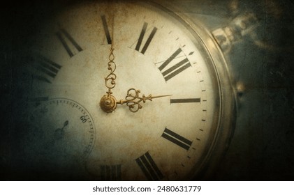 Close up old antique classic clock. Overlay effect on old paper texture. Concept of time, history, science, memory, information. Retro style. Vintage watch, clock background. - Powered by Shutterstock