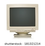 Close up of old computer monitor isolated on white background with clipping path for the screen