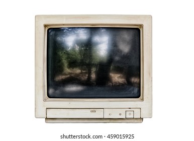 Close Up Of Old Computer Monitor Isolated On White Background With Clipping Path For The Screen