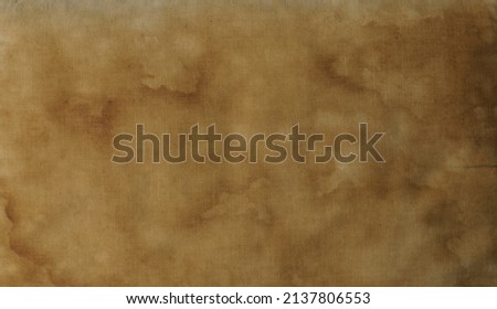 Close up old cotton weaving texture. Weathered dirty beige brown cloth fabric, natural linen material. Vintage distressed sepia wallpaper. Stained grunge preset background. Empty flat textile surface.