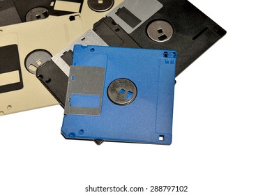 Close up of old diskette isolated on white background, selective focus.  