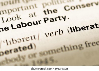 Close Up Of Old English Dictionary Page With Word Labour Party