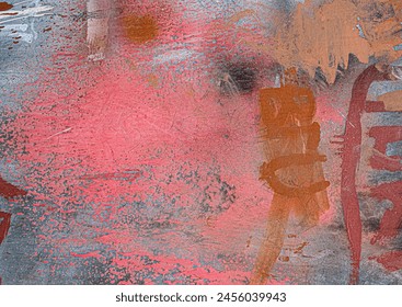 Close up old and faded wood panel with smudging of pink and red spray paint. Background and wallpaper texture