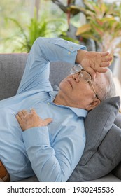 Close Up Of An Old Fat Asian Man With White Hair Wearing Eye Glasses And Light Blue Shirt Lying Down On Gray Sofa Alone In The House Holding His Heart And His Head Because Of Pain From Heart Attack 