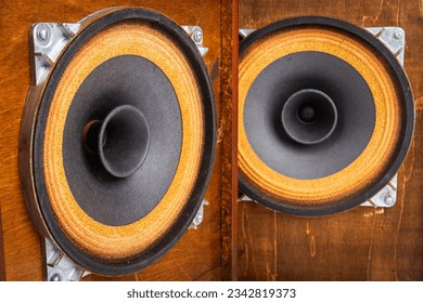 Close up of old full range drivers in vintage speakers