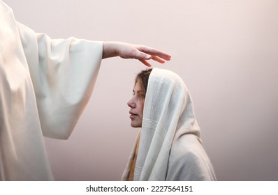 Close up old holy jew male apostl father Lord king hold arm abov give oil cure ill sick white rite vow win life Choose call young lady face beg ask help joy hope retro biblic happy wed love bride veil - Shutterstock ID 2227564151