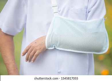 Close Up Old Man Broken Arm After Accident With Wear Arm Splint