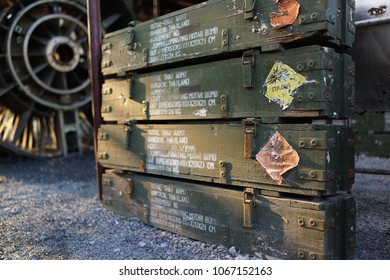 Close up the old military wooden ammunition box.