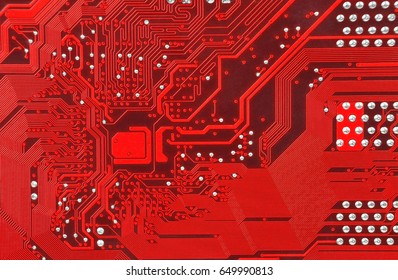 Close up of old printed red computer circuit board